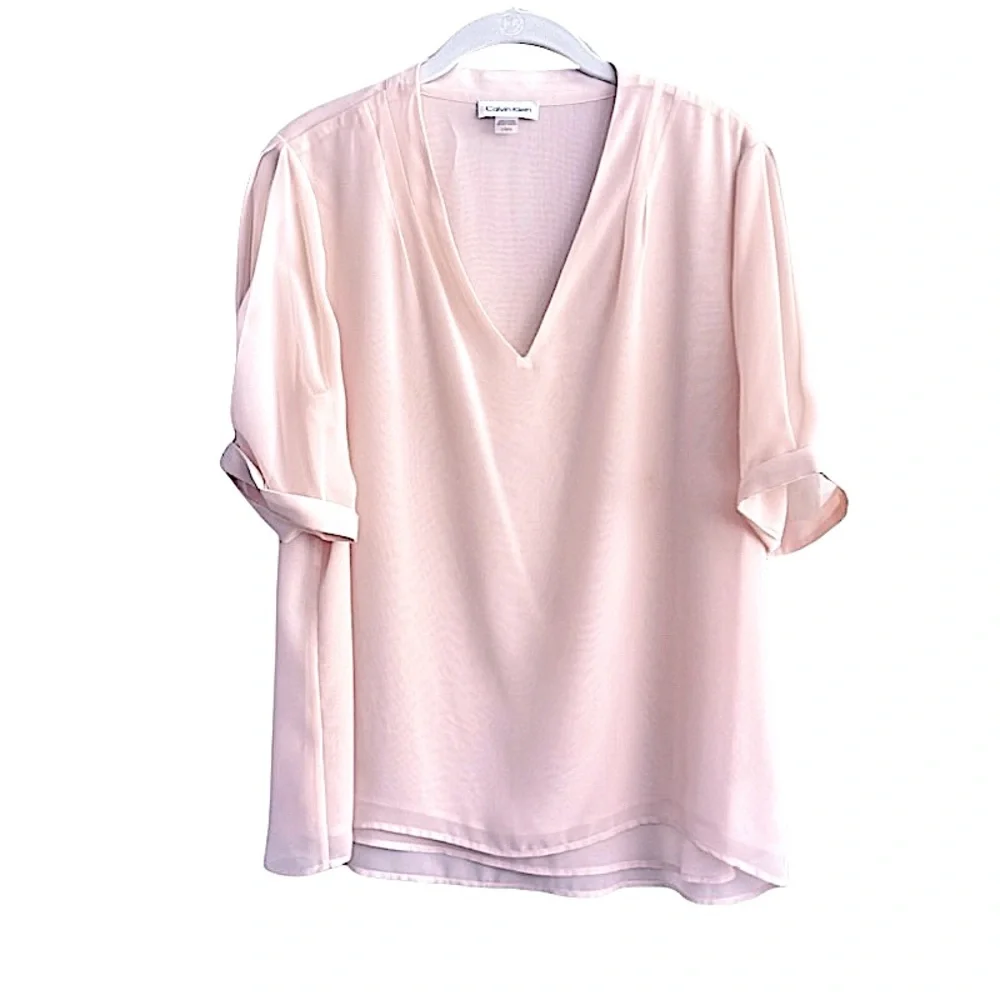 Calvin Klein Short Sleeve Chiffon Blouse V-neck Pale Pink Size L - Picture 9 of 9
